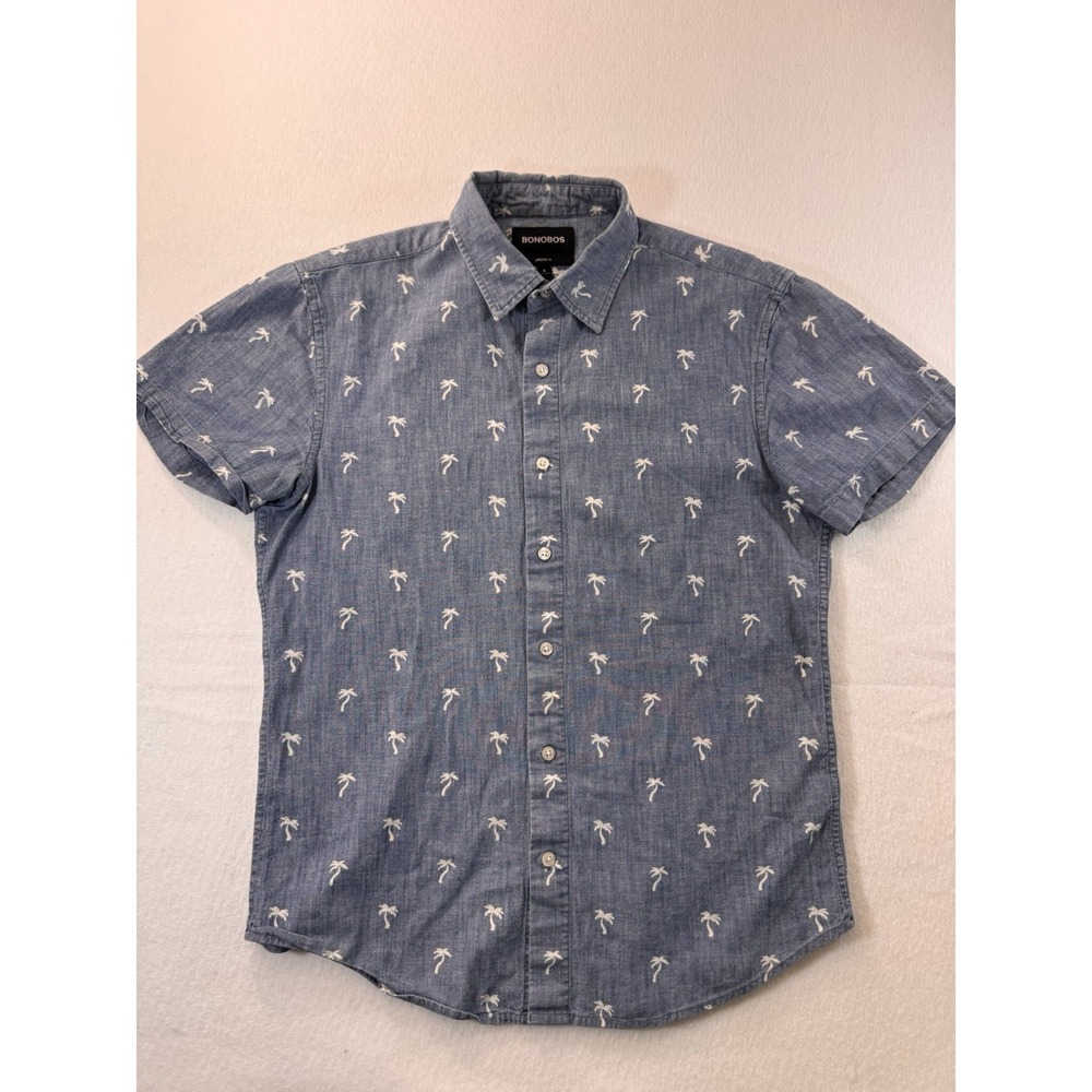 Bonobos Mens Athletic Fit Short Sleeve Button Up S Blue Palm Tree AOP Casual EUC